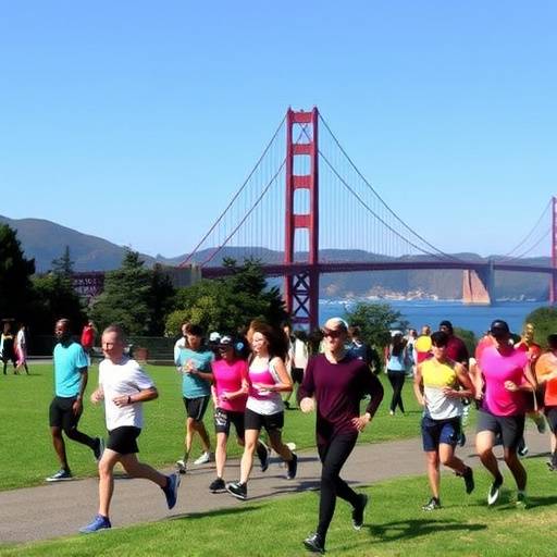 A diverse group of people jogging together in a park under the Golden Gate Bridge