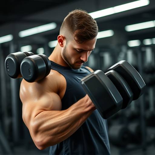 A man lifting dumbbells in a gym, focusing on bicep curls
