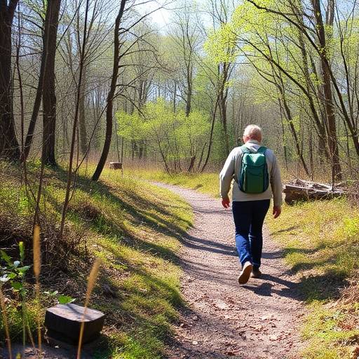 A person walking slowly and deliberately on a nature trail