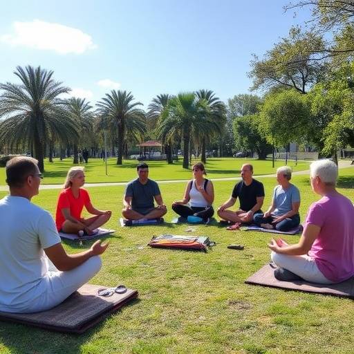 Group of people meditating together in a park, showcasing community support and connection